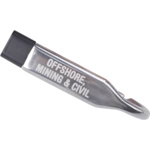 A silver carabiner USB flash drive with a black end cap and a logo printed on the side.