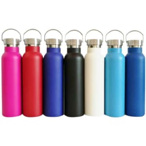 A drink bottle collection featuring pink, red, black, white, and blue options with stainless steel lids and a logo.