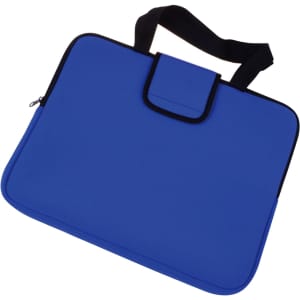 A blue Deluxe Laptop Bag with black accents and a handle, featuring a zip closure and a flap.