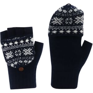 Fingerless gloves in navy with a white jacquard pattern and a flip cover, featuring a decorative button.