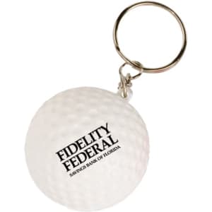A white golf ball stress reliever attached to a metal keyring. Features branding on the front.