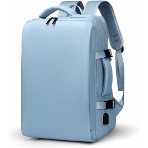 A light blue backpack with adjustable straps and a sleek design, featuring a side pocket and a branding logo.