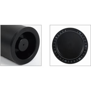 A black push-type wine stopper with a circular scale on top. Features a sleek, modern design and has a logo.