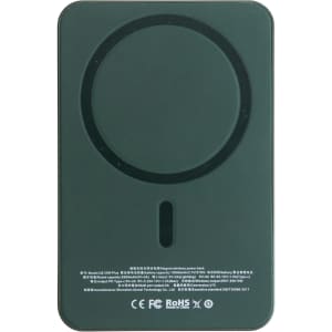 A dark green magnetic wireless power bank with a circular charging area and a logo.