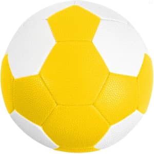 A yellow and white machine-stitched PU handball with a textured surface and hexagonal panels.