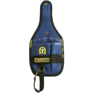A navy blue portable tool waist pouch featuring multiple pockets and a metal clasp, with a logo present.