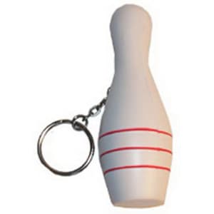 A white bowling pin-shaped stress reliever with red stripes attached to a keyring.