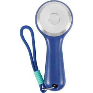 A blue lockable phone pouch with a silver button and a wrist strap. It features a coloured accent on the strap.