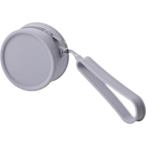A round grey silicone coin pouch with a zip closure and a strap for easy carrying. It features a logo.