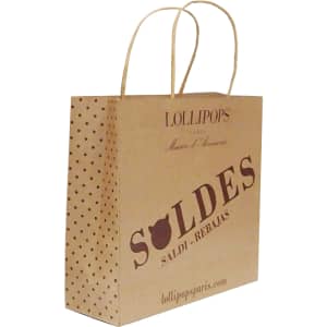 A twisted handle kraft paper bag in brown with polka dots and a logo, featuring a promotional design and text.