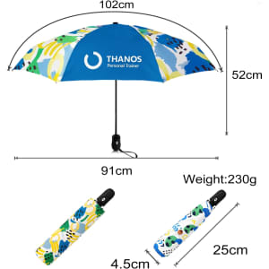 A light mini auto umbrella featuring a blue canopy with colourful patterns, packed in a matching case. Dimensions included.