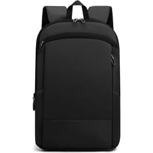 A black expandable laptop backpack with a smooth design and zippers, featuring two adjustable straps and a logo.