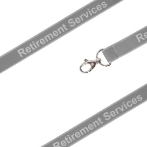 A grey safety lanyard with a clip, featuring a logo and text in a repeating pattern.