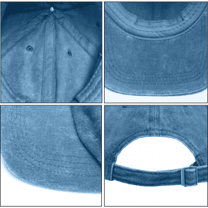A vintage washed baseball cap in a soft blue hue, featuring stitching details and an adjustable strap at the back.
