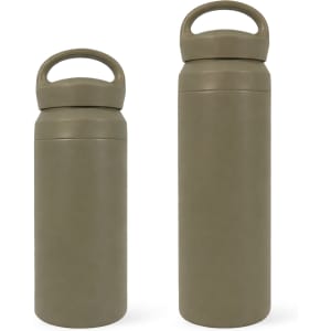 A drink bottle set featuring a double wall design in olive green, with a handle for easy carrying.