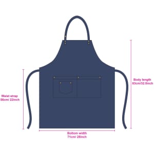 A navy blue poly-cotton denim full bib apron with neck strap and front pockets. Features a logo.