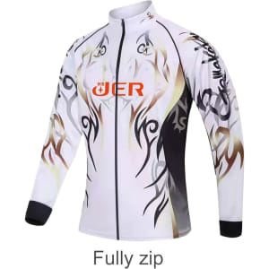 A white 1/4 zip pullover featuring tribal designs in brown and black, with a logo on the front.