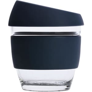 A reusable 8 oz glass coffee cup with a dark silicone sleeve and lid, featuring a sleek design.
