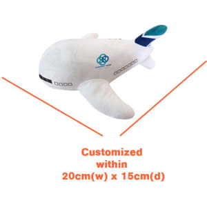 A plush toy shaped like an airplane, featuring white and teal colours, with a logo on one side.