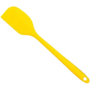 A yellow spatula with a flat head and a long handle, featuring a hole for easy hanging.