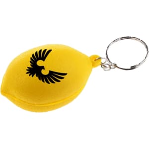 A yellow lemon-shaped stress reliever attached to a keyring, featuring a black logo.