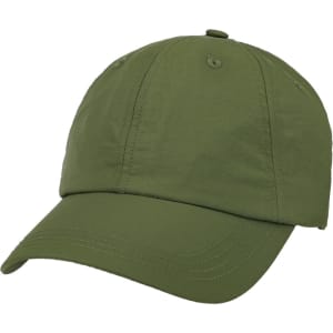 A lightweight cap in olive green with a curved brim and ventilation eyelets, featuring a logo.