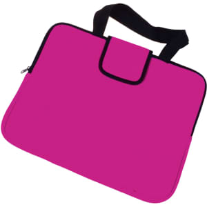 A pink laptop bag with a black zipper and handle, featuring a smooth exterior and a simple design.