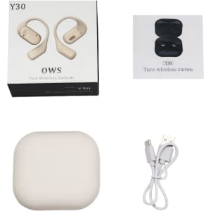 Open-ear headphones in beige packaging, featuring wireless earbuds, a charging case, and a USB charging cable.