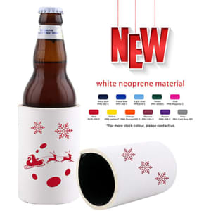 A drink bottle in a white neoprene stubby holder with red designs and a base beside it.