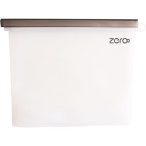 A silicone reusable storage pouch in clear with a brown seal, featuring a logo. Holds 1500ML.