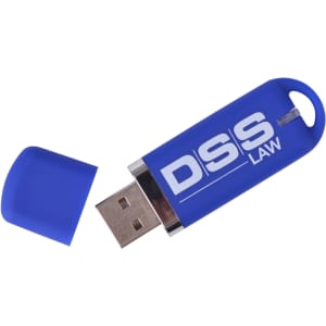 A blue flash drive with a removable cap and a logo on the body.