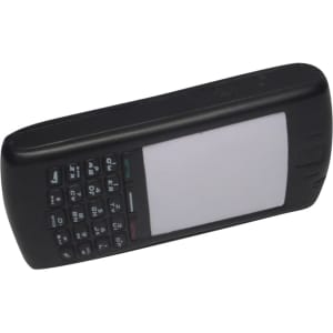 A black mobile phone-shaped stress reliever with a logo, featuring a keypad and a blank screen.