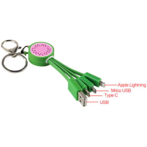 A green custom shape PVC charging cable with a keyring, featuring multiple connectors: Apple Lightning, Micro USB, Type C, and USB.