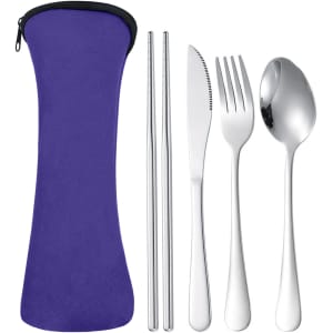 A purple case contains metal cutlery: a fork, knife, spoon, and chopsticks.