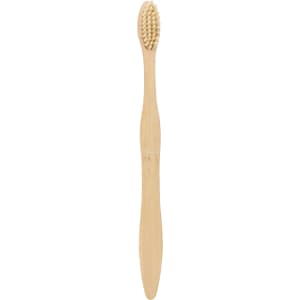 A large toothbrush with a wavy handle and natural bristles, made from bamboo, featuring a simple design.