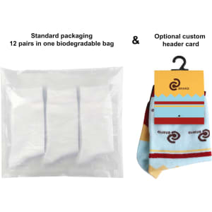A pack of 12 pairs of ankle socks in a biodegradable bag, featuring a colourful custom pattern and a header card.