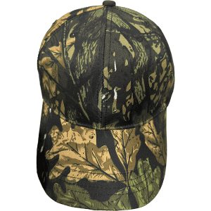 A camouflage 6 panel cap featuring green, brown, and black leaf patterns. The cap has a logo on the side.