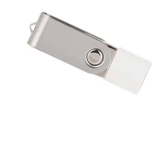 A silver mini swivel flash drive with a clear transparent cap and a circular button.