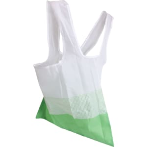 A foldable shopping bag in white and green, featuring a subtle dotted pattern and shoulder straps, with a logo.