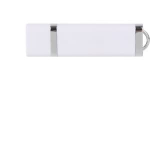 A white flash drive with a sleek design and a silver accent, featuring a small loop for attachment.