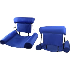 An inflatable floating chair in vibrant blue, featuring a cushioned backrest and armrests for comfort.