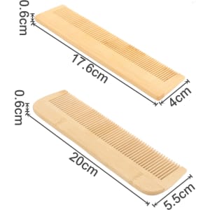 A fine-tooth bamboo comb in natural wood colour, featuring two sizes with measurements indicated.