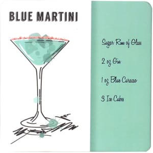 A drink coaster featuring a blue martini illustration with a mint green background and a logo.