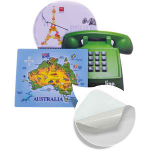 Three mouse mats in various shapes featuring colourful designs, including a map of Australia, an Eiffel Tower, and a vintage green phone.