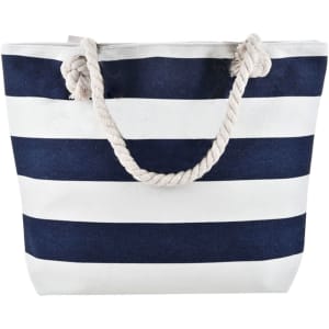 A navy and white striped tote bag with a rope handle, featuring a simple design and an attached logo.