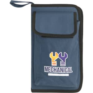 A tool kit bag in dark blue with a zippered closure and a front pocket, featuring a logo.