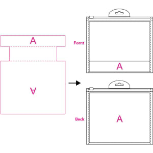 A toiletry bag design template featuring front and back views, with details for construction. It includes a hanging loop.