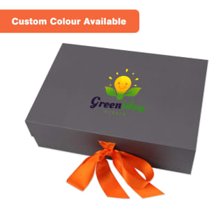 A medium foldable magnetic box in grey with an orange ribbon and a logo on the surface. Custom colours available.