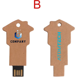 An eco-friendly flash drive shaped like a house, featuring a brown cardboard design and a USB connector.
