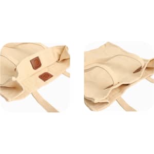 A beige canvas bag featuring magnetic snap closures and a logo, showcasing its interior with compartments.